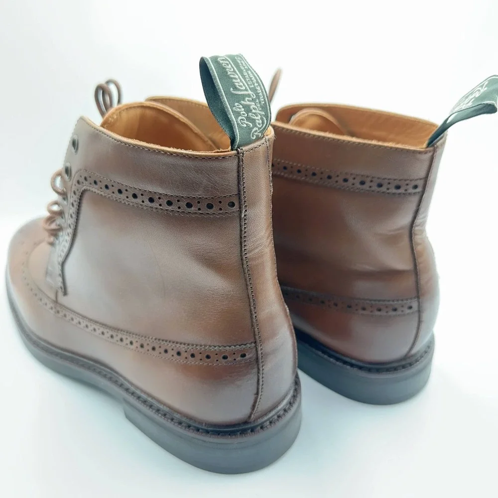 Mens Size 8 Polo Ralph Lauren Wingtip Boots Asher Leather Classic Brogue Brown